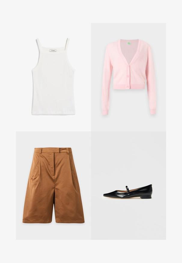 Lyserød cropped cardigan med lange ærmer, V-hals og tre matchende knapper ned foran på en ensfarvet hvid baggrund.; Hvid tank top med tynde stropper, lavet af ribbet bomuldsstof, med en lige halsudskæring og en ren afslutning i kanten.; Brune knælange shorts med sidelommer og bæltestropper, lavet af glat stof, vist på en ensartet lys grå baggrund.; Sorte patenterede læder Mary Jane flade sko med spids tå, én rem og lav hæl på ensfarvet baggrund.
