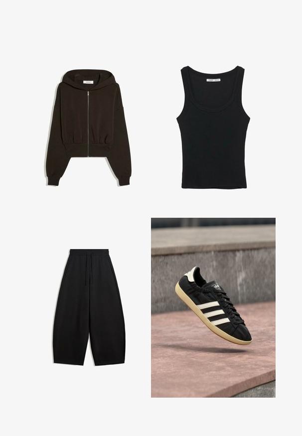 Sort cropped hættejakke med lynlås, lange ærmer, ribkant ved manchetter og linning, vist fladt mod en hvid baggrund.; Sort ribbet ærmeløs tanktop med rund halsudskæring og lige kant, etiket på indersiden bag på nakken.; Løse sorte brede bukser med elastisk talje og snor, med sidelommer, præsenteret på en hvid baggrund.; Sort Adidas sneaker med hvide striber og beige sål, fanget i luften over en stenet overflade og baggrund af en stenmur.
