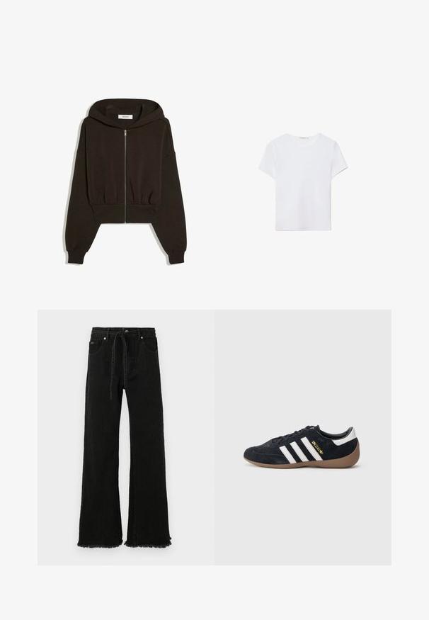 Sort cropped hættejakke med lynlås, lange ærmer, ribkant ved manchetter og linning, vist fladt mod en hvid baggrund.; Hvid kortærmet t-shirt lavet af blødt stof. Har en rund halsudskæring og et simpelt, rent design med en lige underkant.; Sorte denim bukser med vid benvidde, høj talje, snøre, frynset kant og fem lommer. Fremstillet af slidstærkt, struktureret materiale.; Sort ruskindssneaker med tre hvide striber, gummisål og et lille gyldent logo på siden. Har en glat sort foring indvendigt.