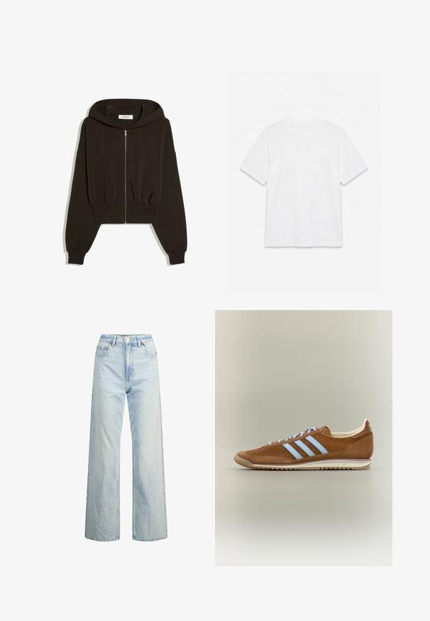 Schwarzer kurzer Hoodie mit Reißverschluss, langen Ärmeln, gerippten Bündchen und Bund, flach auf weißem Hintergrund dargestellt.; Schlichtes weißes T-Shirt mit kurzen Ärmeln und Rundhalsausschnitt, flach auf weißem Hintergrund liegend.; Helle Jeans im Weitbeinen-Schnitt mit hoher Taille, klassischem Fünf-Taschen-Design und Kontrastnähten. Gerader Bein-Schnitt und fransiger Saum.; Brauner Adidas Sneaker mit hellblauen Streifen, Mesh- und Velourslederstruktur, weißer Sohle und beigem Innenfutter auf neutralem Hintergrund.