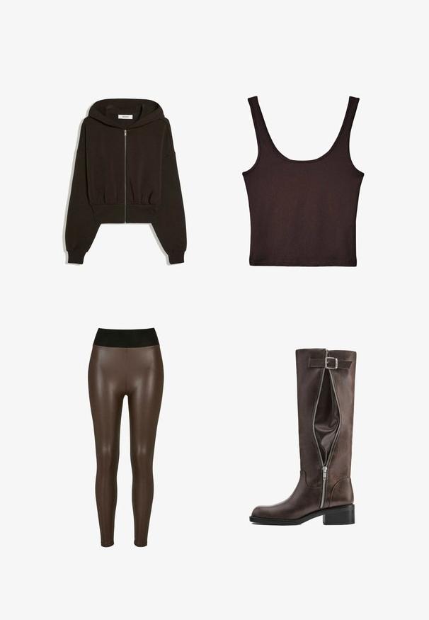 Sort cropped hættejakke med lynlås, lange ærmer, ribkant ved manchetter og linning, vist fladt mod en hvid baggrund.; Mørkebrun ribbet tanktop med brede skulderstropper og et tætsiddende design. Stoffet er blødt med en glat tekstur og en cropped længde.; Brune faux læder leggings med en høj sort talje, der har en glat, blank finish og en tætsiddende design til anklerne.; Høj mørkebrun læderstøvle med en sidelukning, der er delvist åben, og en dekorativ rem med spænde nær toppen.