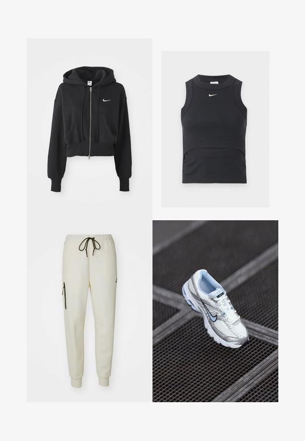 Korthvid sweatshirt i sort af bomuldsblanding, med frontlynlås, to lommer, hætte med snøre og et hvidt Nike-logo på brystet.; Sort ærmeløs cropped sportstop med ribbet tekstur og hvid Nike swoosh-logo på brystet.; Cremefarvede joggerbukser med elastisk talje, justerbar snor, sidelommer og en lynlåslomme på venstre lår.; Hvide mesh atletiksko med sølvdetaljer, lyseblå syninger og et sort swoosh-logo. Har en polstret krave og en tekstureret sål.