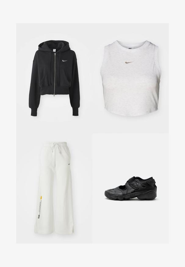 Afgekorte zwarte hoodie van een katoenmix, met een ritssluiting aan de voorkant, twee zakken, een capuchon met trekkoord en een witte Nike-logo op de borst.; Witte crop top van zacht, textuurachtig stof. Heeft een ronde hals en een mouwloos ontwerp met een klein gouden Nike-logo aan de voorkant.; Witte, wijde sweatpants met een elastische tailleband, trekkoord, zijslitsen, zwart Nike-logo en contrasterende gele grafische tekst.; Zwarte sportieve sandaal met gesloten neus, klittenbandriemen op de middenvoet en hiel, en een dikke gewatteerde zool met de tekst "AIR" aan de zijkant.