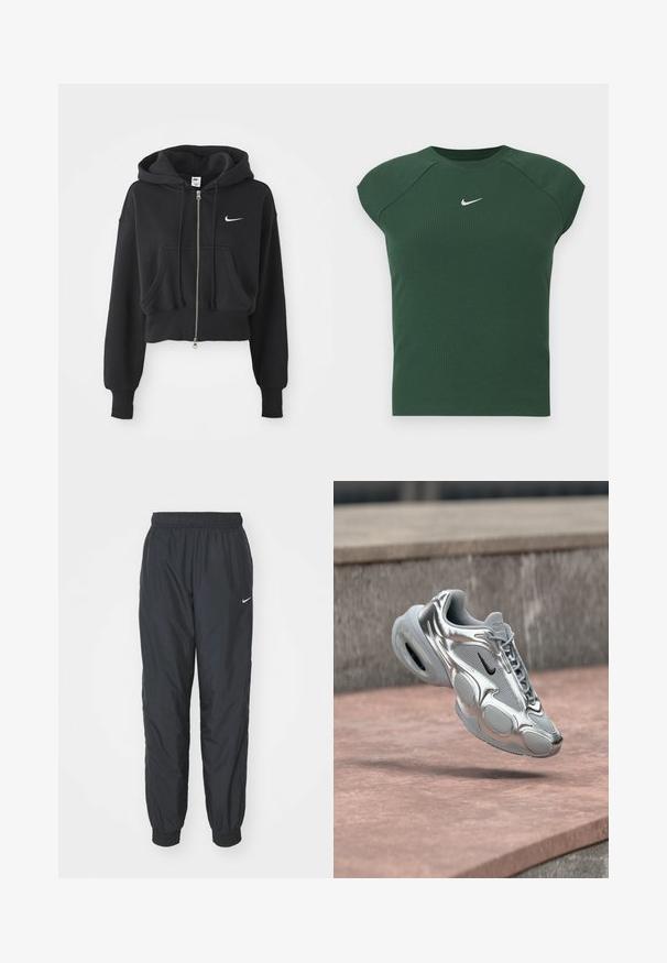 Sudadera negra recortada hecha de una mezcla de algodón, con cremallera frontal, dos bolsillos, capucha ajustable y un logo de Nike en blanco en el pecho.; Top atlético de manga corta en verde oscuro con textura acanalada y cuello redondo, que presenta un pequeño logotipo de Nike en blanco en el pecho.; Pantalones de chándal negros de Nike hechos de un tejido ligero, con una cinturilla y puños elásticos, y un pequeño logo blanco en la pierna izquierda.; Zapatilla Nike Air plateada y gris con el logo negro flotando sobre una superficie de cemento rosada y un fondo de repisa de piedra.