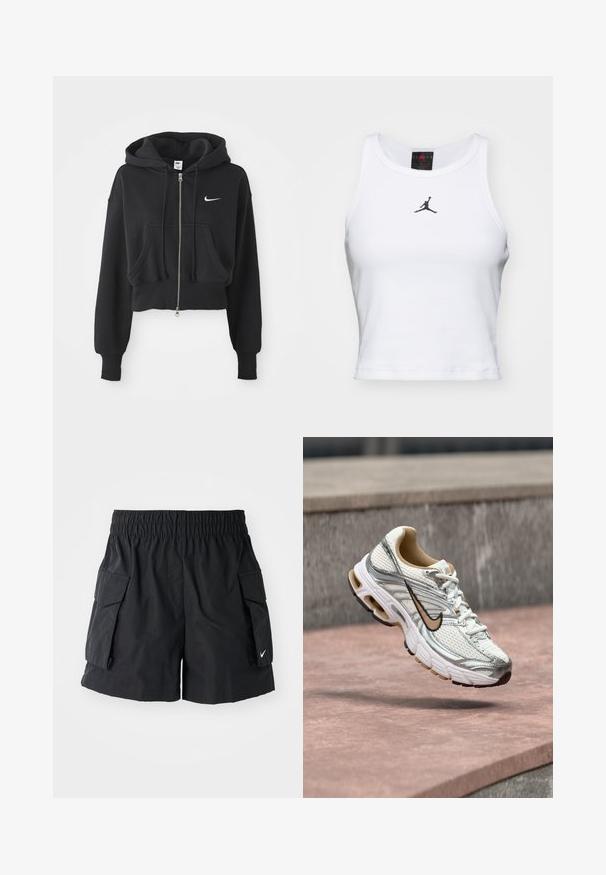 Sudadera negra recortada hecha de una mezcla de algodón, con cremallera frontal, dos bolsillos, capucha ajustable y un logo de Nike en blanco en el pecho.; Top corto blanco de algodón con textura acanalada. Cuenta con un logo negro de Jordan en el centro y un clásico escote redondo.; Pantalones cortos cargo negros hechos de tejido ligero, con una cintura elástica, dos bolsillos laterales y un pequeño logo blanco en el dobladillo.; Zapatilla de correr Nike blanca y plateada con el logo Swoosh beige, mostrada en el aire sobre una superficie de piedra con un fondo difuminado de pared gris.