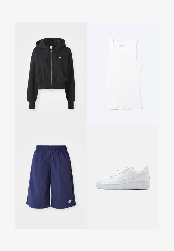 Skračená čierna mikina z bavlneného zmesi, s predným zipsom, dvoma vreckami, kapucňou so šnúrkou a bielym logom Nike na hrudi.; Biely rebrovaný tielkový top bez rukávov s okrúhlym výstrihom a malou štítkou s nápisom "WEEKDAY" vo vnútri goliera.; Námornícke modré šortky Nike s elastickým pásom, vyrobené z ľahkej a hladkej tkaniny, s malým bielym logom na dolnej strane.; Biela nízka teniska Nike Air Force 1 so šnurovaním, perforovanou špičkou a charakteristickým logom Swoosh na boku.
