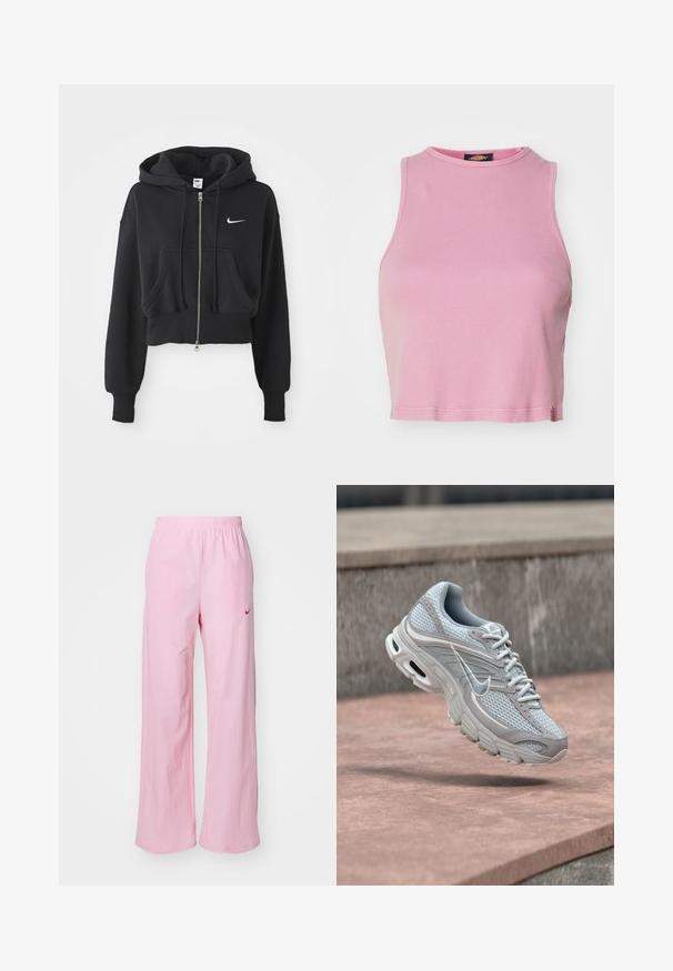 Skračená čierna mikina z bavlneného zmesi, s predným zipsom, dvoma vreckami, kapucňou so šnúrkou a bielym logom Nike na hrudi.; Ružový rebrovaný crop top s okrúhlym výstrihom a bezrukávovým dizajnom. Má lemovanie končiace tesne nad pásom.; Ružové elastické nohavice s uvoľneným strihom. Obsahujú červené logo na ľavej strane a majú hladkú, ľahkú textúru.; Svetlosivá a biela bežecká obuv Nike s sieťovinou a odpruženou podrážkou, zobrazená vo vzduchu na pozadí betónových schodov.