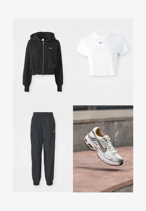 Lühi must puhvka, mis on valmistatud puuvilla segust, ees lukuga, kahe tasku, reguleeritava kapuutsiga ja valge Nike logo rinnal.; Valge lühikeste varrukatega puuvillane lühike t-särk ümarate kaelustega, millel on rinna peal must Nike logo.; Mustad Nike spordipüksid, mis on valmistatud kergest kangast, elastse vöökoha ja mansettidega, vasaku jala peal on väike valge logo.; Valge ja hõbedane Nike jooksujalanõu beeži Swoosh logoga, nähtav õhus kivipinna kohal, taustal ähmane hall sein.
