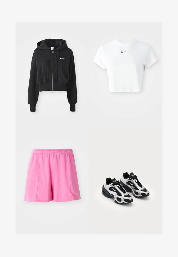 Lühi must puhvka, mis on valmistatud puuvilla segust, ees lukuga, kahe tasku, reguleeritava kapuutsiga ja valge Nike logo rinnal.; Valge lühikeste varrukatega puuvillane lühike t-särk ümarate kaelustega, millel on rinna peal must Nike logo.; Roosa sportlikud lühikesed püksid, mis on valmistatud pehmest kangast, elastse vöökohtadega ja külgmise logo aktsendiga. Sirge jala disain siledast tekstuurist.; Musta ja hõbedane spordijalats, millel on võrgusilmast ja sünteetilisest materjalist ülemine osa, iseloomuliku lainelise disainiga ja pehmendav kaelus, samuti õhuküte talla sees.