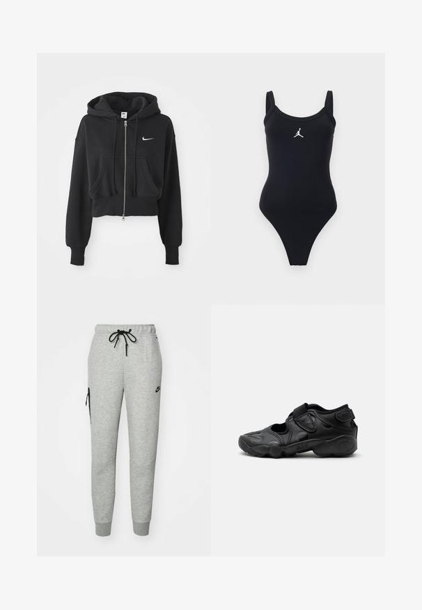 Skračená čierna mikina z bavlneného zmesi, s predným zipsom, dvoma vreckami, kapucňou so šnúrkou a bielym logom Nike na hrudi.; Čierne jednodielne plavky so širokými ramienkami a bielym logom Jumpman umiestneným v strede na hrudi na jednofarebnom pozadí.; Šedé tepláky vyrobené z mäkkého materiálu s pásom na šnúrku, zúženými nohavicami a zipsovou vreckom na ľavej strane. Obsahujú čierne logo.; Čierna športová sandála s uzavretou špičkou, suchými zipsami na priehlavku a päte a hrubou vystlanou podrážkou označenou "AIR" na boku.