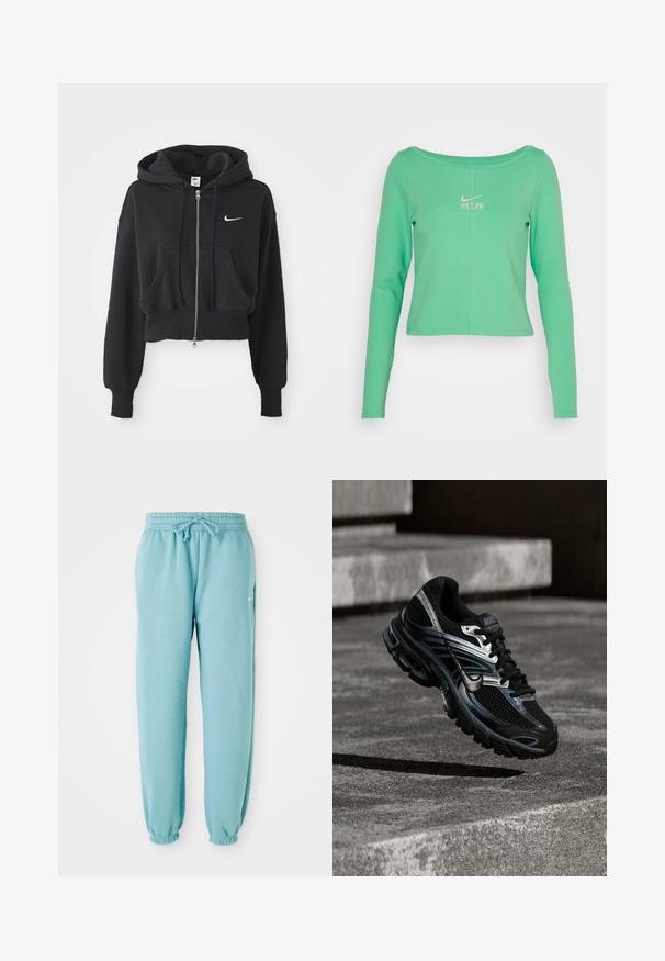 Skračená čierna mikina z bavlneného zmesi, s predným zipsom, dvoma vreckami, kapucňou so šnúrkou a bielym logom Nike na hrudi.; Dlhý rukáv, skrátená, mentolovo zelená košeľa vyrobená z hladkej bavlny, s okrúhlym výstrihom a bielym logom Nike Air na hrudi.; Svetlo modré tepláky vyrobené z mäkkej tkaniny s elastickým pásom, detailom na šnúrku a elastickými manžetami na členkoch. Malé logo na boku.; Čierno-strieborná bežecká topánka Nike vznášajúca sa nad betónovými schodmi, zobrazujúca detailný dizajn a textúrovanú podrážku v exteriéri.