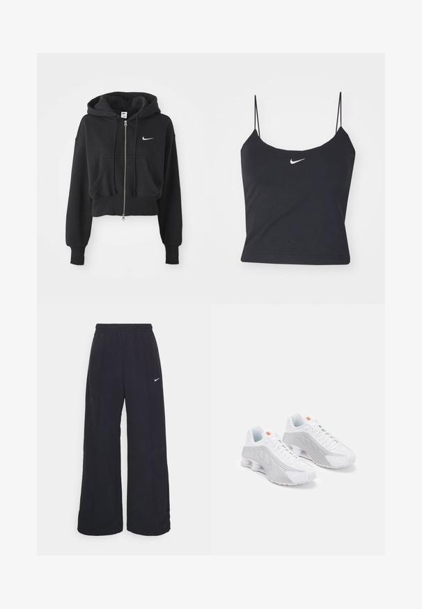 Sudadera negra recortada hecha de una mezcla de algodón, con cremallera frontal, dos bolsillos, capucha ajustable y un logo de Nike en blanco en el pecho.; Top negro sin mangas con escote redondeado, tirantes finos y un logo de Nike blanco centrado. Hecho de un tejido suave, con un diseño ajustado.; Pantalones de pierna ancha negros con una cintura elástica y un pequeño logo blanco de Nike. La tela tiene una textura suave, diseñada para la comodidad y el uso casual.; Zapatillas deportivas blancas con acentos grises, que cuentan con un Upper texturizado, perforaciones para ventilación y un talón segmentado para amortiguación.