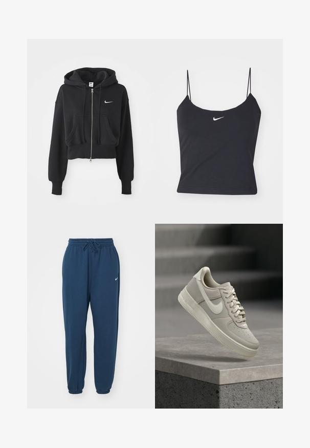 Sudadera negra recortada hecha de una mezcla de algodón, con cremallera frontal, dos bolsillos, capucha ajustable y un logo de Nike en blanco en el pecho.; Top negro sin mangas con escote redondeado, tirantes finos y un logo de Nike blanco centrado. Hecho de un tejido suave, con un diseño ajustado.; Pantalones de chándal azul marino hechos de tela suave, con una cintura elástica con cordón y un pequeño logo blanco de Nike en el lado izquierdo.; Zapatilla Nike Air Force 1 beige flotando sobre un bordillo de hormigón con escaleras grises borrosas en el fondo.