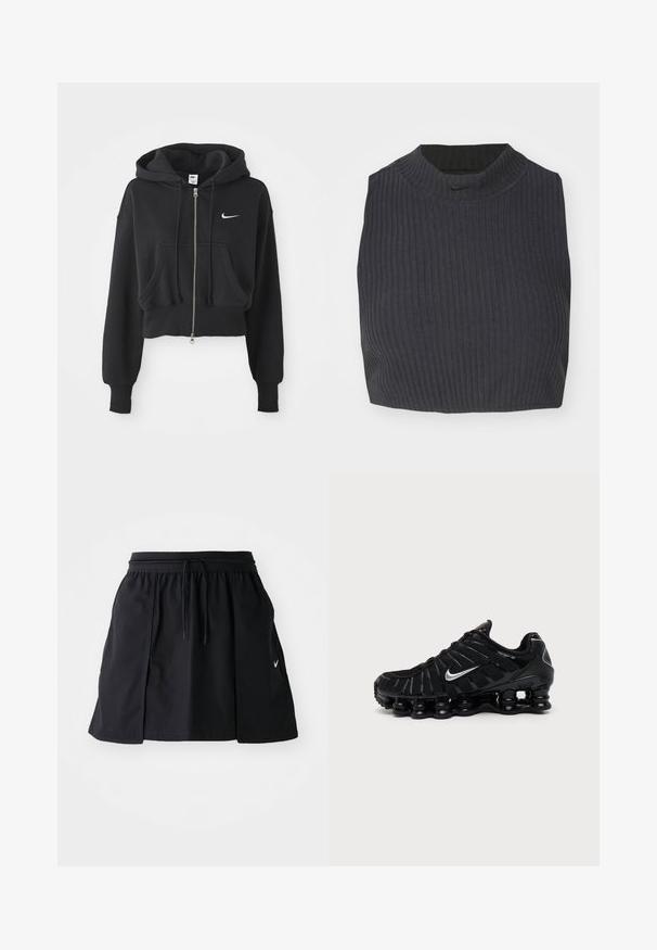 Skračená čierna mikina z bavlneného zmesi, s predným zipsom, dvoma vreckami, kapucňou so šnúrkou a bielym logom Nike na hrudi.; Zkrátený žebrovaný top v tmavej námorníckej modri, s vysokým golierom a diskrétnym logom Nike. Tkanina má textúrovaný, elastický vzhľad.; Čierna športová sukňa s elastickým pásom a nastaviteľnou šnúrkou. Obsahuje bočné rozparky, ľahkú látku a malú nášivku na leme.; Čierna Nike športová obuv so strieborným logom Swoosh, sieťovinovým a syntetickým zvrškom a výraznou segmentovanou podrážkou s poduškami.