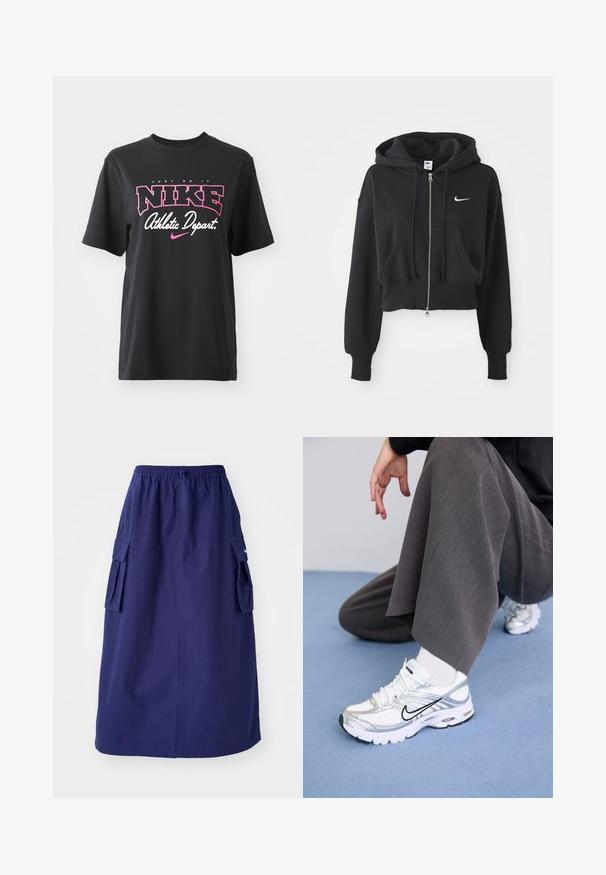 Korthvid sweatshirt i sort af bomuldsblanding, med frontlynlås, to lommer, hætte med snøre og et hvidt Nike-logo på brystet.; Sort bomulds T-shirt med grafisk print i pink og hvid med teksten "JUST DO IT," "NIKE," og "Athletic Depart." Standard pasform.; Marineblå, mellemlang nederdel med elastisk talje, der har to sidelommer og et minimalistisk logodesign. Glat stofstruktur.; Hvide og sølv atletik sko med meshej og syntetiske materialer, der har sorte accentlinjer, snørebånd og strukturerede såler.