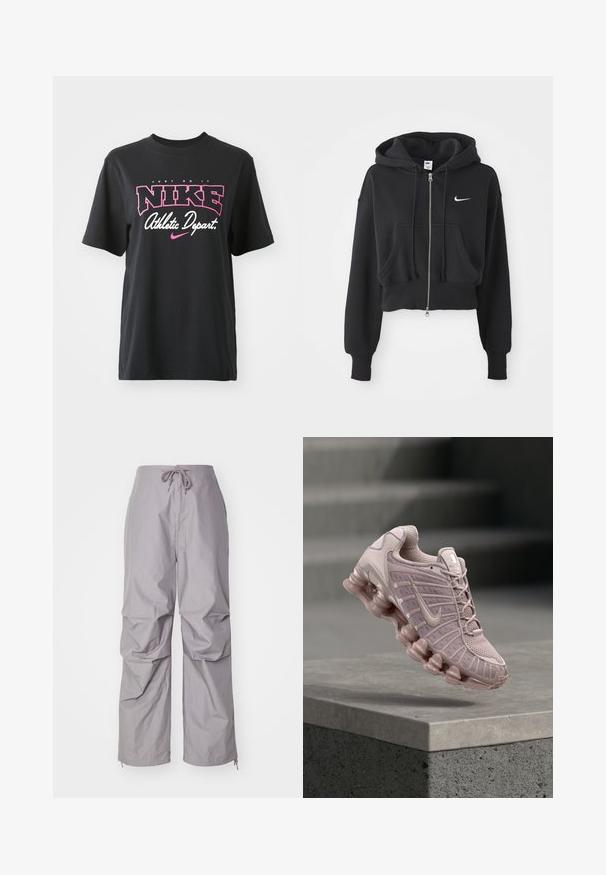 Korthvid sweatshirt i sort af bomuldsblanding, med frontlynlås, to lommer, hætte med snøre og et hvidt Nike-logo på brystet.; Sort bomulds T-shirt med grafisk print i pink og hvid med teksten "JUST DO IT," "NIKE," og "Athletic Depart." Standard pasform.; Grå, løstsiddende bukser lavet af letvægtigt stof, med snøre i taljen og tapered ærmer med lynlåse. Tekstureret finish.; Nike Air Max-sko i lys pink med en mesh-overdel, polstret tunge og en kraftig, gennemsigtig sål med bølgedesign.
