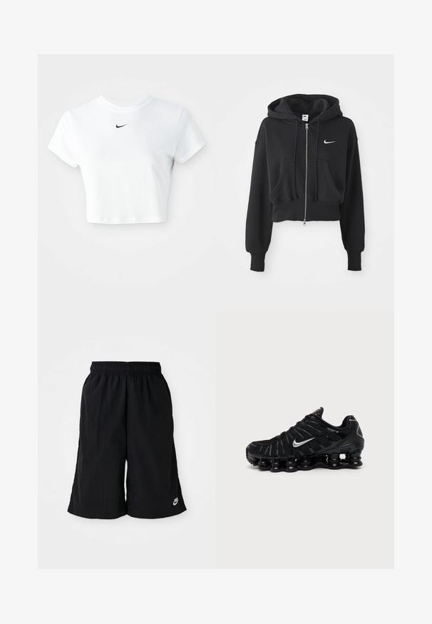 Sudadera negra recortada hecha de una mezcla de algodón, con cremallera frontal, dos bolsillos, capucha ajustable y un logo de Nike en blanco en el pecho.; Camiseta corta blanca de algodón, con mangas cortas y cuello redondo, y un logo negro de Nike en el pecho.; Pantalones cortos negros de Nike con cintura elástica, corte holgado y tejido suave. Presenta un pequeño logotipo en la parte inferior izquierda.; Zapatilla deportiva negra Nike con logo Swoosh plateado, parte superior de malla y material sintético, y suela acolchada segmentada distintiva.
