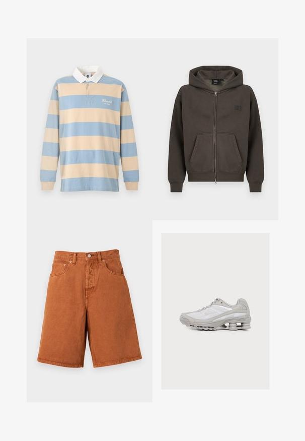 Sweat à capuche zippé marron foncé avec poches avant, poignets côtelés et une capuche, présentant un petit logo Vans noir sur la poitrine.; Maillot de rugby à manches longues avec larges rayures horizontales beige et bleu clair, col blanc et texte "Element Co. 1992" sur la poitrine.; Shorts en denim couleur rouille avec bouton avant, fermeture éclair, passants de ceinture et deux poches avant sur fond blanc.; Chaussure de sport gris clair et blanche avec un amorti visible de type ressort dans la semelle et une tige en tissu mesh.