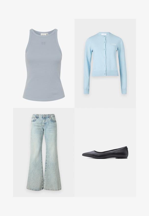 Helehall sinine pehme kangast kardigan, millel on ümara kaelusega, nööbitav esikülg ning soonikkoes mansetid ja alumine äär. Rinnal tikandiga logo.; Hea sinine ilma varrukateta ribakujuline tank top, millel on ümmargune dekoltee ja väike logo tikand keskel. Sile tekstuur, tihe siluett.; Heledad sinised flared teksad, mis on valmistatud denimist, kõrge vöökoha, taskute ja kulunud äärtega. Kangas näitab tuhmumist ja peent tekstuuri.; Must nahkjala kinga madala kontsaga, külgvaates valge tausta ees.