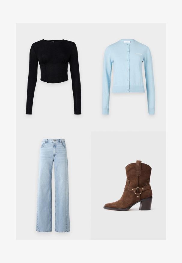 Lyseblå cardigan lavet af blødt stof med rund halsudskæring, knapper foran samt ribstrikkede manchetter og kant. Broderet logo på brystet.; Sort langærmet crop top lavet af tekstureret stof, med en tætsiddende pasform og rynket detaljer ved brystet.; Bredde lyseblå denimjeans med høj talje, fem lommer og en falmet tekstur. Har syede detaljer og en lige pasform ved kanten.; Brune ruskinds cowboy støvle med spids tå, guldfarvede hardware detaljer og en robust brun hæl. Har en dekorativ remdetalje.