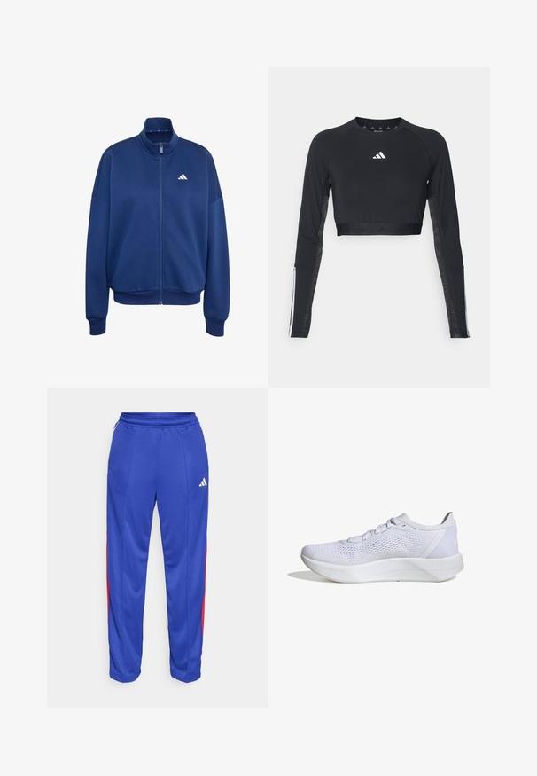 Marineblauwe jas met volledige rits, hoge kraag, lange mouwen, geribde manchetten en zoom, met een klein wit Adidas-logo op de borst.; Zwart geknipt langemouwen workout top van gladde stof. Bevat een wit logo op de borst en gestreepte accenten op de mouwen.; Blauwe sportbroek met rode zijstrepen, elastische tailleband en een klein wit logo op de bovenste linkerkant van de broek. Glad, lichtgewicht materiaal.; Witte sportieve schoen met een ademend mesh bovenwerk, vetersluiting, gevoerde kraag en een gestructureerde rubberen zool voor grip.