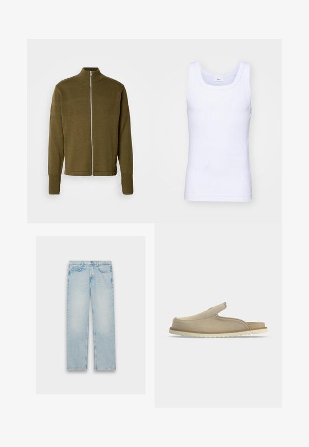 Olivenfarvet strikket sweater med høj krave, frontlynlås og ribbede manchetter. Har teksturerede vandrette mønstre på kroppen.; Hvid bomulds ærmeløs tanktop med rund halsudskæring, der har en glat tekstur og en tætsiddende pasform, designet til casual brug.; Lyseblå denimjeans med lige ben, fem lomme-design og en falmet finish. Metalhardware og syet detaljering er synlig.; Beige slip-on sandal med lukket tå, åben hæl, blødt ruskindsoverdel og hvid tekstureret gummisål, vist i sideprofil på hvid baggrund.