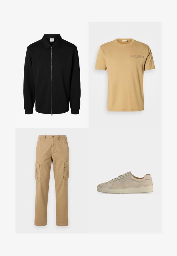 Schwarze langärmlige Jacke mit Reißverschluss und Kragen, vorderem Metallreißverschluss und gerippten Bündchen, auf weißem Hintergrund dargestellt.; Hellbeige Baumwoll-T-Shirt mit rundem Halsausschnitt, kurzen Ärmeln und einem bedruckten Logo mit "GANT 1949" in Dunkelblau auf der Brust.; Beige Cargo-Hosen mit zwei Seitentaschen, einem Knopfverschluss, geradem Bein und einem weichen, strukturierten Stoff.; Beiger Wildleder-Low-Top-Sneaker mit Schnürverschluss und dicker Gummisohle, von der Seite auf weißem Hintergrund gezeigt.