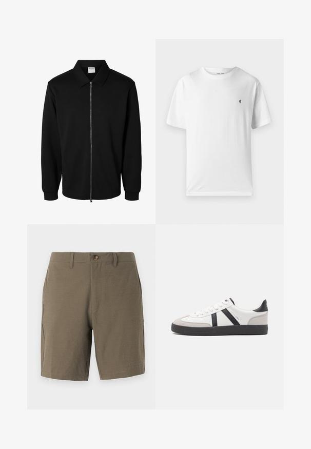 Schwarze langärmlige Jacke mit Reißverschluss und Kragen, vorderem Metallreißverschluss und gerippten Bündchen, auf weißem Hintergrund dargestellt.; Weißes Baumwoll-T-Shirt mit rundem Halsausschnitt, kurzen Ärmeln und einem kleinen schwarzen Logo auf der Brust. Weicher Stoff, lässige Passform.; Olivgrüne Shorts aus strukturiertem Stoff, mit Knopfverschluss und flachem Bund, ausgestattet mit Seitentaschen für Funktionalität.; Weiße Sneaker mit schwarz- und grau-aczenten, ausgestattet mit einer strukturierten grauen Zehenkappe, schwarzer Gummi-Sohle und flachen weißen Schnürsenkeln. Sauberes Design, minimalistische Stil.
