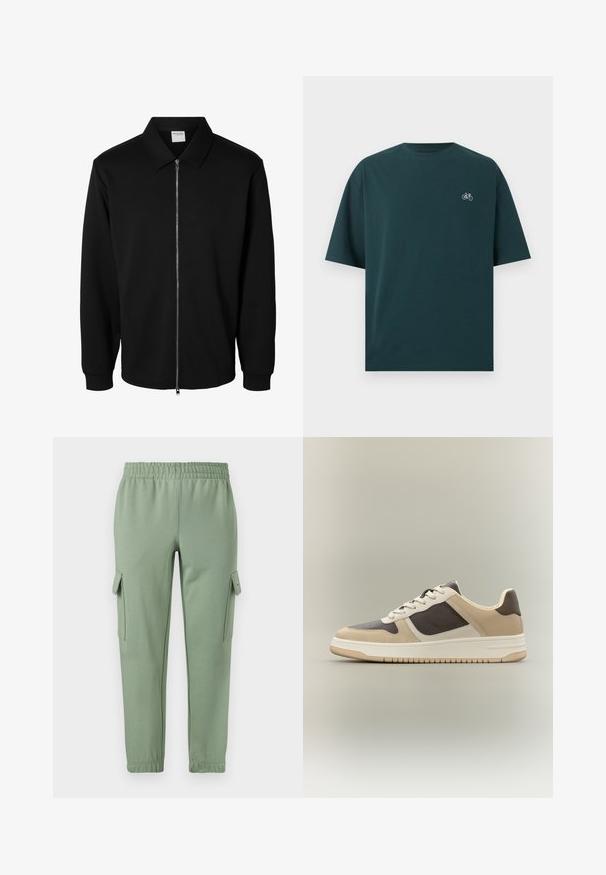 Chaqueta negra de manga larga con cremallera y cuello, cremallera metálica frontal y puños acanalados, mostrada sobre fondo blanco.; Camiseta de manga corta verde oscuro con cuello redondo y pequeño icono blanco de bicicleta en el pecho izquierdo.; Pantalones de chándal verde claro con cintura elástica, piernas ajustadas y dos bolsillos laterales tipo cargo. Hechos de una tela suave y transpirable.; Vista lateral de una zapatilla baja en tonos beige, marrón y crema, con cierre de cordones y suela texturizada sobre fondo neutro.