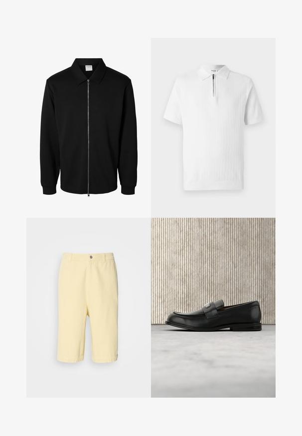 Schwarze langärmlige Jacke mit Reißverschluss und Kragen, vorderem Metallreißverschluss und gerippten Bündchen, auf weißem Hintergrund dargestellt.; Weißes kurzärmeliges Polohemd mit strukturiertem Strick, ausgestattet mit einem Reißverschlusskragen und einem gerippten Saum. Sauberes Design, geeignet für die legere Freizeit.; Gelbe Baumwoll-Shorts mit geradem Schnitt, mit einem Knopfverschluss vorne und umgeschlagenem Saum. Glatte Textur, lässiges Design.; Schwarzer Lederloafer mit einer Metallmarkenplatte, der nahe einem braunen runden Tisch auf beigem Teppichboden ruht.