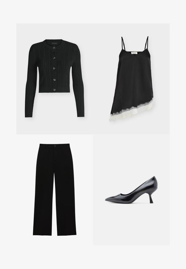 Cardigan noir en maille avec boutons, manches longues et col rond, présentant des motifs côtelés verticaux et cinq boutons sur le devant.; Robe en satin noire sans manches avec fines bretelles et ourlet asymétrique orné de dentelle blanche.; Pantalons noirs, taille haute, à jambes larges, fabriqués dans un tissu lisse, avec une taille plate, une fermeture à bouton et sans poches visibles.; Escarpin en cuir verni noir avec bout pointu et talon aiguille de hauteur moyenne. Texture lisse et design minimaliste sans ornements visibles.
