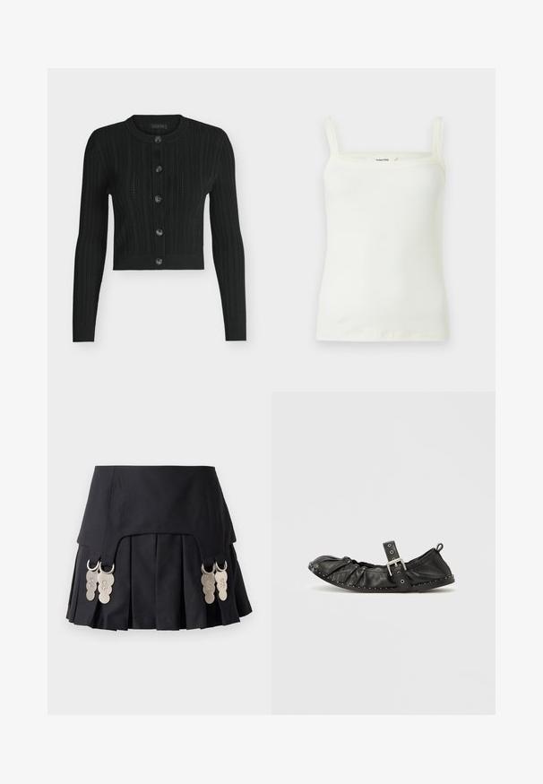Sort strikket cardigan med knapper, lange ærmer og rund halsudskæring, med lodrette ribmønstre og fem knapper foran.; Hvid ribstrikket tanktop med smalle skulderstropper og en lige halsudskæring, vist på en ensfarvet baggrund.; Sort plisseret nederdel med metalhardware på siderne, lavet af et struktureret stof med en glat tekstur og et enkelt design.; Sort læderballerina med samlet forside og ankelrem. Dekorativt sølvspænde og små hvide sømdetaljer langs sålen.