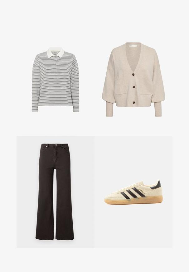 Svetlo béžový kardigan vyrobený z mäkkej tkaniny, s výstrihom do V, oversized rukávmi, dvoma prednými vreckami a štyrmi hnedými gombíkmi vpredu.; My Essential Wardrobe MWKLARA - Polokošeľa - peal blue striped; Čierne široké džínsy vyrobené z denimovej látky s vysokým pásom, obsahujúce päť vreciek a zapínanie na gombík. Hladká textúra, minimalistický dizajn.; Kréme semišová teniska s čiernymi pruhmi, gumovou podrážkou, čiernou pätovou pätkou a zlatým textom „SPEZIAL“ na strane.