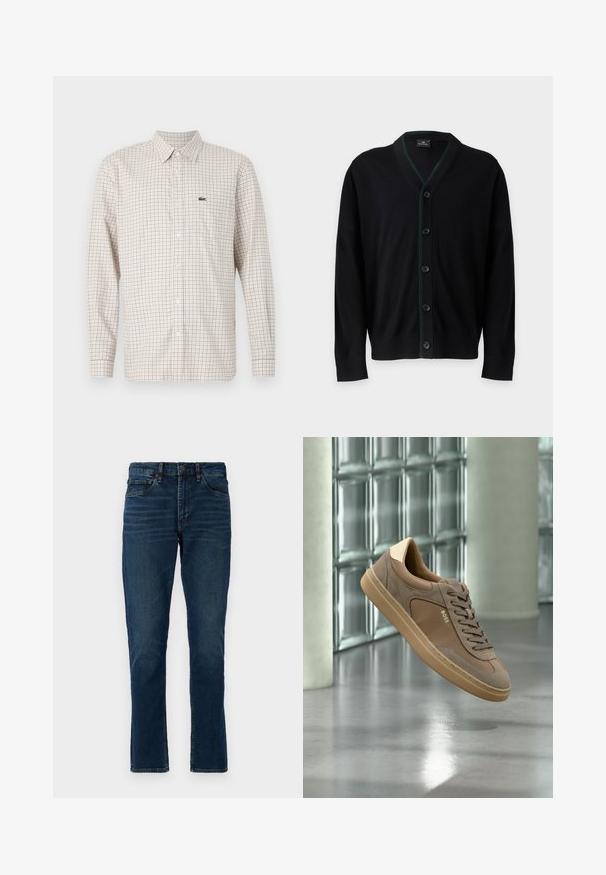 PS Paul Smith MENS CARDIGAN BUTTON - Cardigan - black; Langærmet beige skjorte med rødt og blåt ternet mønster, knappet foran, krave og grøn krokodillelogo på venstre bryst.; Mørkeblå denimjeans med lige snit, fem lommer, bæltestropper og subtile falmede detaljer. Søm med stikninger og knappelukning.; Beige casual sneaker med snørebånd og "BOSS"-logo, som svæver over en poleret betongulv med glasblokvæg i baggrunden.