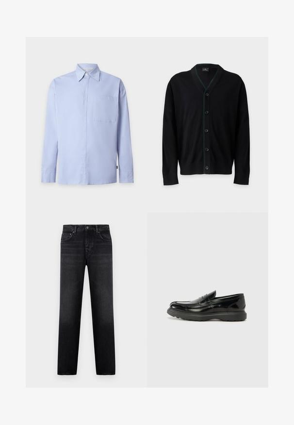 PS Paul Smith MENS CARDIGAN BUTTON - Gilet - black; Chemise bleu clair à manches longues avec boutons, col pointu et une poche poitrine unique sur fond blanc uni.; Jean noir à coupe droite avec cinq poches, passants pour ceinture, et fermeture à bouton et fermeture éclair à l'avant, présenté sur un fond uni.; Mocassin en cuir noir avec une finition brillante, bout arrondi, détails de couture subtils et semelle en caoutchouc épaisse pour la durabilité.