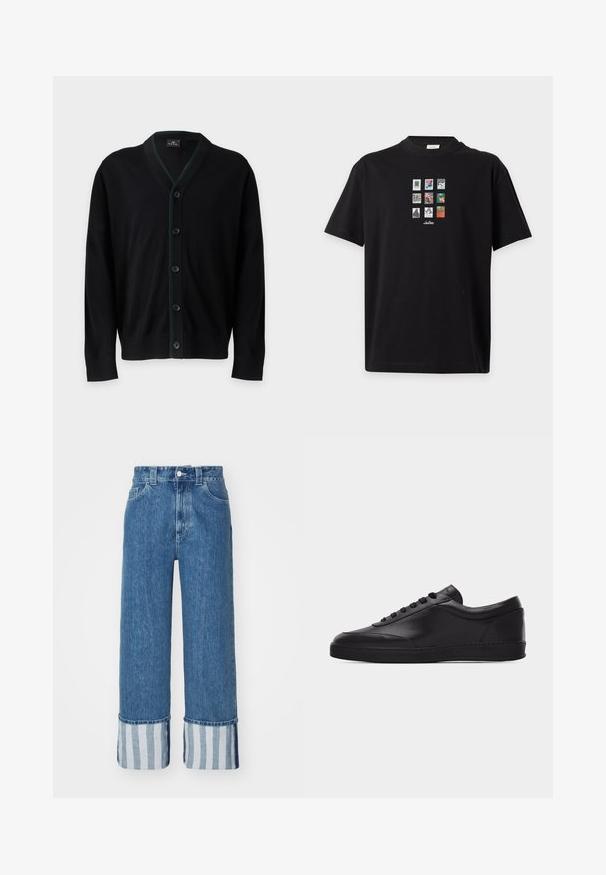 PS Paul Smith MENS CARDIGAN BUTTON - Kardigán - black; Čierne tričko s krátkym rukávom s mriežkou deviatich malých farebných grafických štvorcov uprostred na hrudi a bielym názvom značky pod nimi.; Džínsy s širokými nohavicami v stredne modrej farbe, s manžetou s modro-bielymi vertikálnymi prúžkami. Klasický dizajn s piatimi vreckami a zapínaním na gombík.; Čierna nízka kožená teniska so šnurovaním vpredu a plochou gumovou podrážkou, zobrazená z boku na jednoliatom bielom pozadí.