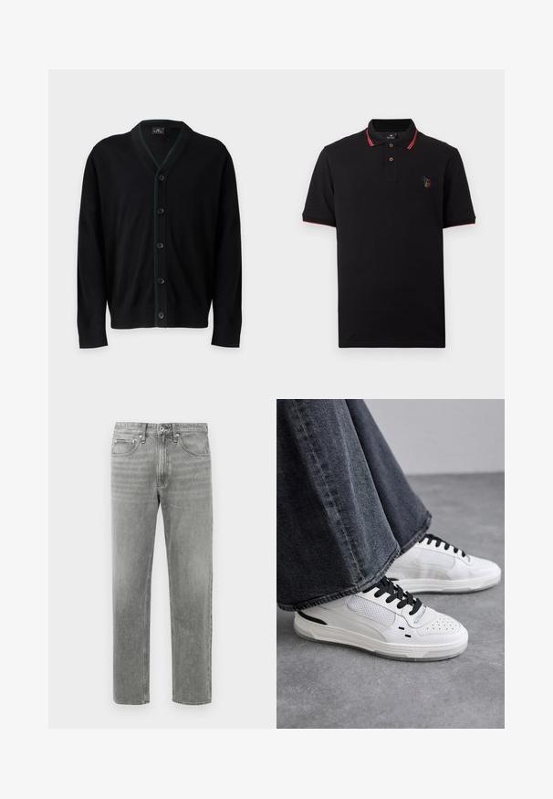 PS Paul Smith MENS CARDIGAN BUTTON - Neuletakki - black; Musta lyhythihainen poolopaita, jossa on punainen reunus kauluksessa ja hihoissa, kaksi ruskeaa nappia sekä pieni monivärinen "TOD"-logo rinnassa.; Harmaat farkut, joissa on suora lahje, klassinen viiden taskun muotoilu ja hienovarainen haalistuminen rakenteen lisäämiseksi. Vakiokokoinen vetoketjukiinnitys.; Valkoiset tennarit mustilla nauhoilla ja verkko-ompeleilla. Kengissä on sileä nahkainen päällinen ja teksturoitu kumipohja. Yhdistetty leveälahkeisiin harmaisiin farkkuihin.