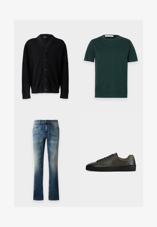 PS Paul Smith MENS CARDIGAN BUTTON - Strickjacke - black; Dunkelgrünes kurzärmliges T-Shirt aus Baumwolle; verfügt über einen runden Ausschnitt und ein schlichtes Design ohne sichtbare Muster oder Grafiken.; Blaue Jeans aus Denim mit geradem Bein, mit einer ausgewaschenen Optik, fünf Taschen und einem braunen Knopf am Bund.; Niedriger dunkelgrauer Ledersneaker mit schwarzen Schnürsenkeln und Sohle, minimalistisches Design, Seitenprofil vor einem schlichten hellen Hintergrund.
