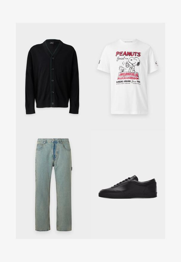 PS Paul Smith MENS CARDIGAN BUTTON - Kardigán - black; Biele tričko s červenou a čiernou grafikou z Peanuts, zobrazujúce Snoopyho a Woodstocka na psom domčeku, ktorí držia nápoj, s textom "Peanuts Social Club."; Svetlomodré voľné džínsy s piatimi vreckami, zapínaním na gombík a viditeľným prešívaním. Tkanina má vybledlý, štruktúrovaný vzhľad.; Čierna nízka kožená teniska so šnurovaním vpredu a plochou gumovou podrážkou, zobrazená z boku na jednoliatom bielom pozadí.
