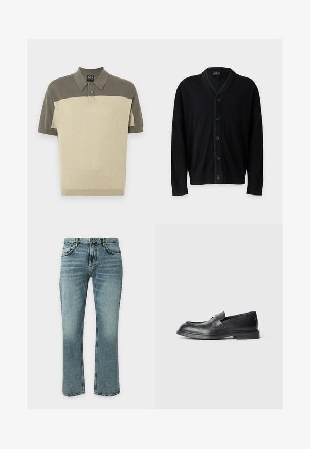 PS Paul Smith MENS CARDIGAN BUTTON - Ζακέτα - black; Ανδρικό πόλο μπλουζάκι κοντό μανίκι με δύο αποχρώσεις πράσινου-γκρι, κουμπωτό γιακά και ετικέτα Armani Exchange μέσα στον γιακά.; Μπλε τζιν denim με ελαφρώς ξεθωριασμένο πλύσιμο, κλασικό στυλ με πέντε τσέπες, κούμπωμα με κουμπιά και ίσια γραμμή στο κάτω μέρος, σε μονόχρωμο φόντο.; Μαύρα δερμάτινα μοκασίνια με υφή, με διακοσμητικό λουράκι στο μπροστινό μέρος και στρογγυλεμένη μύτη. Εξωτερική σόλα από καουτσούκ για ανθεκτικότητα.
