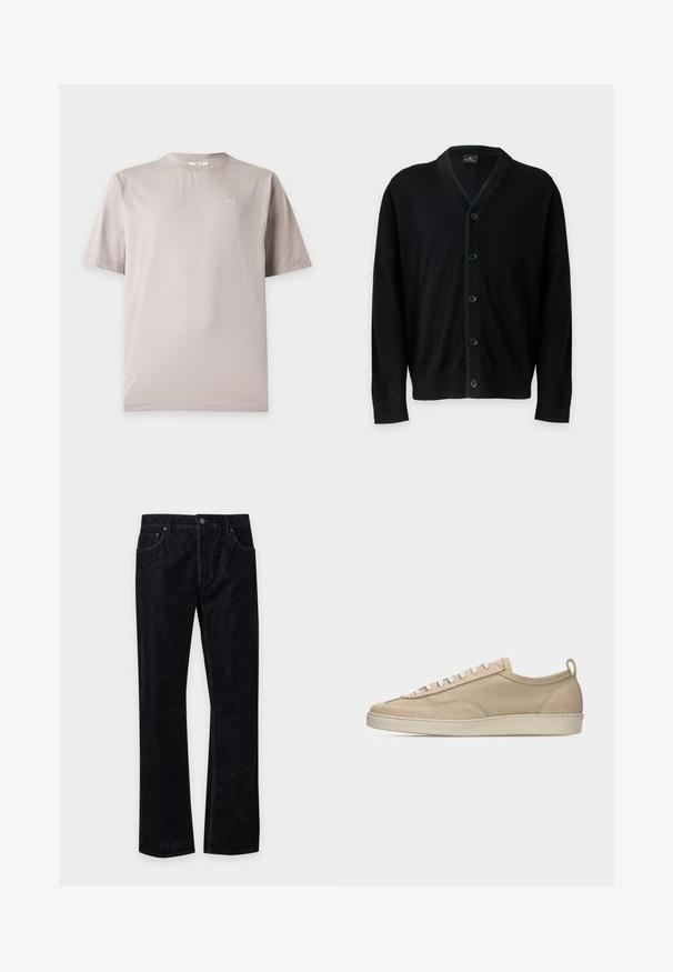 PS Paul Smith MENS CARDIGAN BUTTON - Gilet - black; T-shirt en coton beige clair à manches courtes avec petit logo blanc "NN.07" sur la poitrine gauche et col rond.; Jean en denim noir à jambes droites, fermeture avant par bouton et zip, deux poches avant et passants pour ceinture sur fond uni.; Baskets beige basses avec tige en tissu et daim, lacets blancs, semelle en caoutchouc et languette à l'arrière, présentées en profil latéral sur fond blanc.
