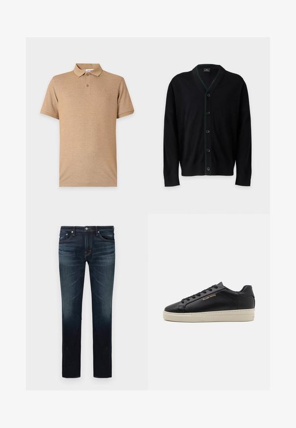 PS Paul Smith MENS CARDIGAN BUTTON - Gilet - black; Polo beige à manches courtes avec deux boutons et un logo brodé discret sur la poitrine gauche, présenté sur un fond uni.; Jean slim bleu foncé avec légère décoloration sur les cuisses et les genoux, design à cinq poches, et fermeture par bouton à la taille.; Sneaker en cuir noir avec une finition lisse, semelle crème contrastante, bout arrondi, logo doré sur le côté et six œillets pour les lacets.