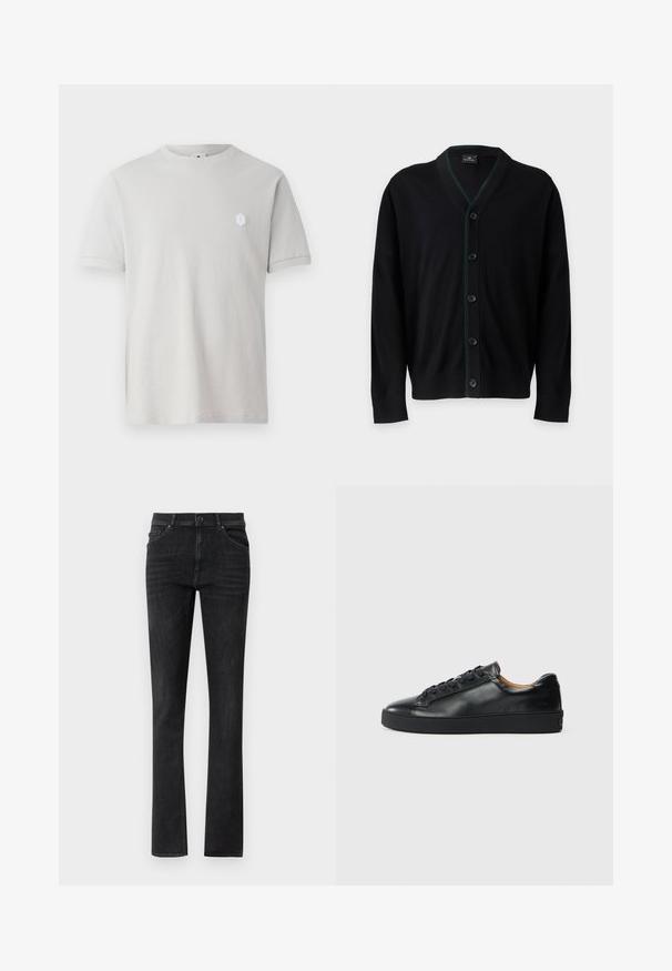 PS Paul Smith MENS CARDIGAN BUTTON - Vest - black; Lichtgrijze katoenen t-shirt met korte mouwen, ronde hals en een klein wit hexagonaal logo op de bovenste linkerzijde. Glad textuur.; Zwarte denim jeans met een rechte pijp, voorzien van steekzakken en een knoopsluiting. Glad textuur met subtiele vervaging.; Zwarte leren sneaker met een gladde textuur, ronde neus en vetersluiting. Heeft een dikke rubberen zool en minimale merkaanpassing.