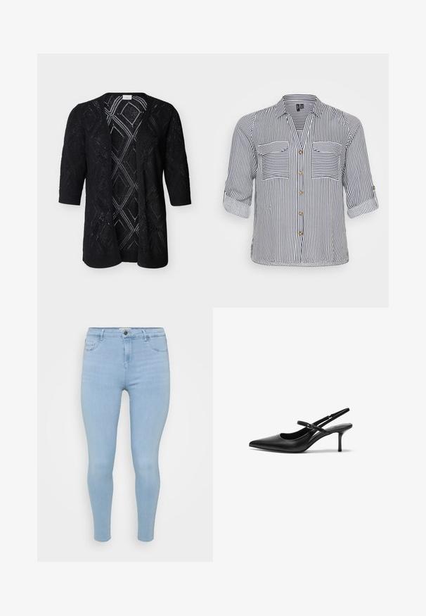 Sort åbent strikket cardigan med diamantformede blondermønstre og trekvartlange ærmer på en ensfarvet lys baggrund.; Stribet skjorte med v-udskæring, to frontlommer, opsmøgede ærmer og knaplukning i marineblå og hvide farver. Materialet er en bomuldsblanding.; Lysblå skinny jeans lavet af denim, med knaplukning, fem lommer og en glat, let falmet tekstur.; Sorte læder slingback hæle med spids tå, slank justerbar rem og en stiletto hæl på cirka 5 cm, glat tekstur.