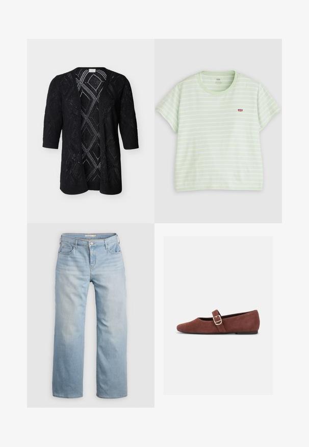 Cárdigan negro de punto abierto al frente con patrones de encaje en forma de diamante y mangas tres cuartos sobre un fondo claro y liso.; Camiseta de manga corta con rayas horizontales en verde claro y blanco, cuello redondo y pequeño logo rojo de Levi's en el pecho.; Pantalones vaqueros de pierna ancha de color azul claro, confeccionados en denim. Con una cintura alta, cinco bolsillos y costuras de contraste. Textura suave con un acabado desgastado.; Zapato plano Mary Jane de gamuza marrón con una correa de hebilla dorada y suela negra sobre fondo blanco.