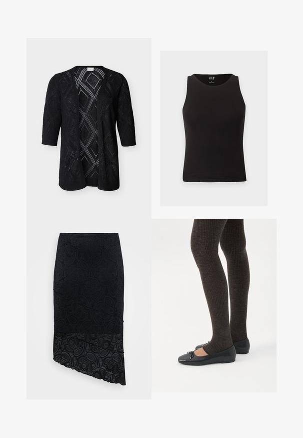 Sort åbent strikket cardigan med diamantformede blondermønstre og trekvartlange ærmer på en ensfarvet lys baggrund.; Sort ærmeløs tætsiddende tanktop med rund halsudskæring, størrelse small, vist mod en lys baggrund.; Sort nederdel med et tekstureret paisley-mønster, asymmetrisk kant og blondekant forneden. Lavet af et blødt, strækbart stof.; Ben iført mørke ribbede leggings kombineret med sorte balletsko med små sløjfedetaljer på hvid baggrund.