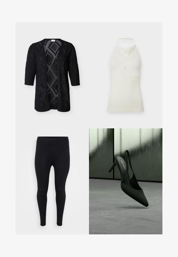 Schwarzer, offener Strickcardigan mit diamantförmigen Spitzenmustern und dreiviertellangen Ärmeln vor einem einfarbigen, hellen Hintergrund.; Weißes geripptes Strick-Haltertop mit taillierter Silhouette und breitem Halteband auf einem schlichten Hintergrund.; Schwarze Leggings mit glatter Textur, hoher Taille und enganliegender Form. Verfügt über subtile seitliche Details entlang der Nähte.; Schwarzer Slingback-Pumps mit hohem Absatz, spitzer Schuhspitze und Knöchelriemen, Marke „ANNA FIELD“, leicht schwebend über einer grauen Oberfläche.