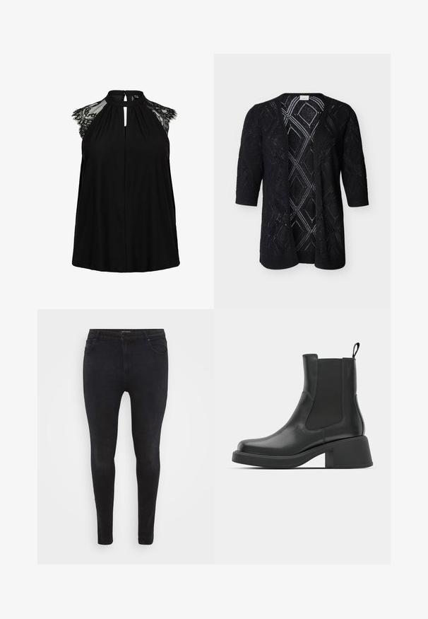 Cardigan noir en maille à ouverture frontale, orné de motifs en dentelle en forme de losange, avec des manches aux trois quarts, sur un fond clair uni.; Haut noir sans manches avec manches courtes en dentelle, col montant avec fermeture à bouton, et détail à découpe en forme de goutte à l'avant.; Jeans skinny noirs en denim, dotés d'un design classique à cinq poches et d'une coupe ajustée. Texture lisse avec un minimum de détails de couture.; Bottines en cuir noir avec des panneaux élastiques sur les côtés, un bout rond et un talon épais. Texture lisse avec un design minimaliste.
