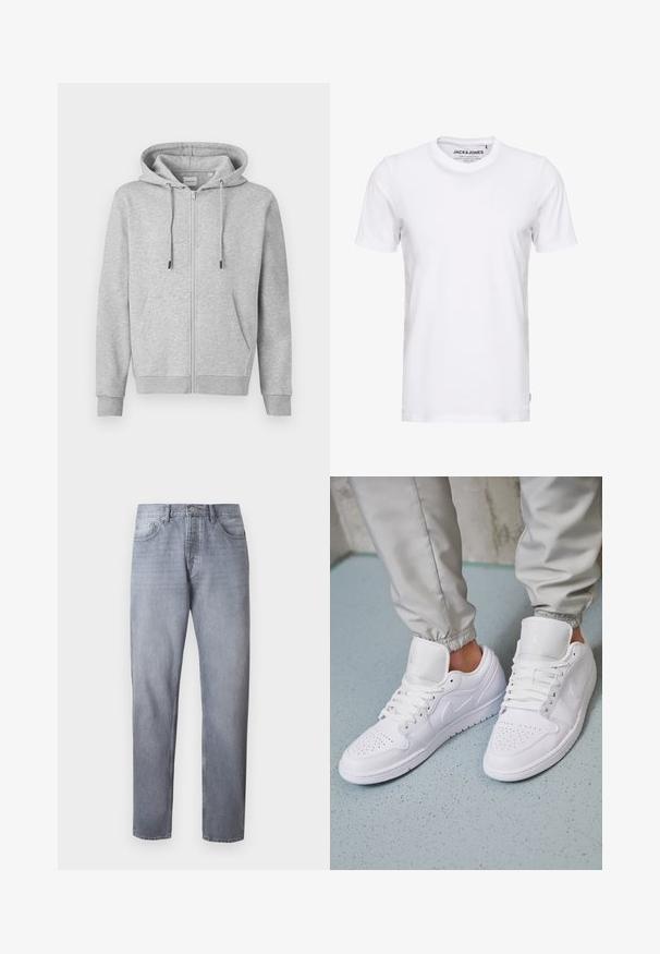 Sweat à capuche gris zippé en matière douce, avec capuche ajustable par cordon, deux poches avant, et poignets et ourlet côtelés.; T-shirt blanc à manches courtes en coton, avec un col rond et un design simple. Étiquette de marque visible au niveau du cou. Aucun motif ni accent.; Jean en denim bleu clair avec une coupe à jambes droites, cinq poches et une fermeture par bouton. Le tissu a une texture lisse avec une finition délavée.; Des baskets en cuir blanc présentent une zone de perforation à l'avant, des lacets plats, un col rembourré et le logo Jordan sur la languette. Portées avec un pantalon de jogging gris.