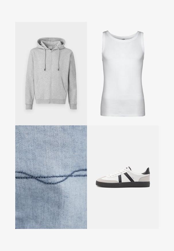 Grauer Kapuzenpullover mit Reißverschluss aus weichem Material, mit Kordelzugkapuze, zwei Vorderentaschen sowie gerippten Bündchen und Saum.; Weißes ärmelloses Ripptanktop mit rundem Ausschnitt und geradem Saum, auf einfachem Hintergrund dargestellt.; Hellblauer Denim-Stoff mit einer sichtbaren, geschwungenen Naht. Die Textur wirkt glatt, mit gleichmäßigen Stichen in dunkelblauer Fadenfarbe.; Weiße Sneaker mit schwarz- und grau-aczenten, ausgestattet mit einer strukturierten grauen Zehenkappe, schwarzer Gummi-Sohle und flachen weißen Schnürsenkeln. Sauberes Design, minimalistische Stil.